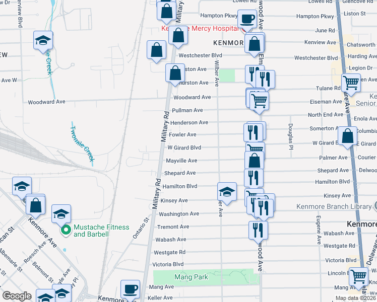 map of restaurants, bars, coffee shops, grocery stores, and more near 370 West Girard Boulevard in Buffalo