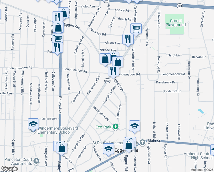 map of restaurants, bars, coffee shops, grocery stores, and more near 577 Grover Cleveland Highway in Buffalo