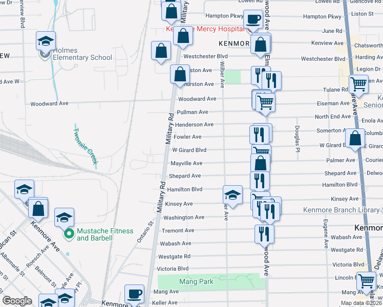 map of restaurants, bars, coffee shops, grocery stores, and more near 374 West Girard Boulevard in Buffalo