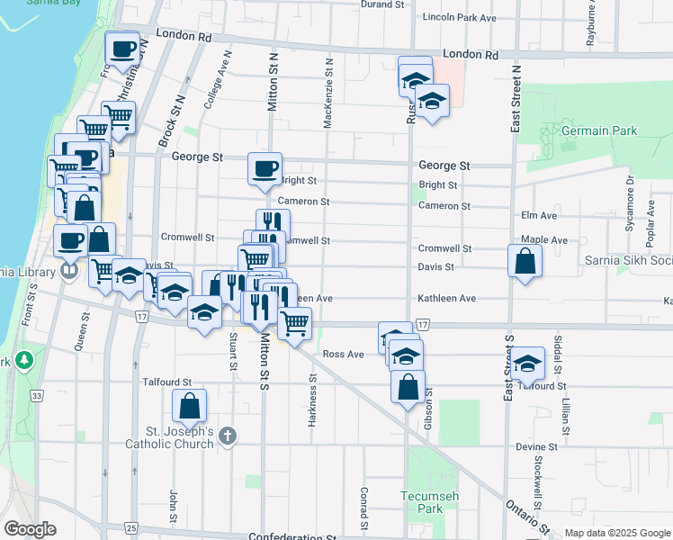 map of restaurants, bars, coffee shops, grocery stores, and more near 379 Davis Street in Sarnia