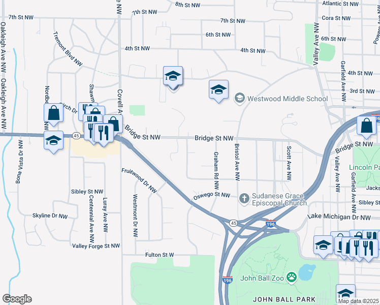 map of restaurants, bars, coffee shops, grocery stores, and more near 333 Lenora Avenue Northwest in Grand Rapids