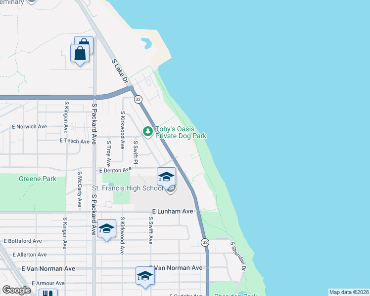 map of restaurants, bars, coffee shops, grocery stores, and more near 4100 South Lake Drive in Saint Francis