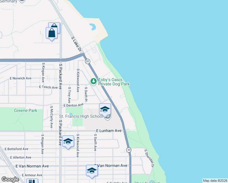 map of restaurants, bars, coffee shops, grocery stores, and more near 4100 South Lake Drive in Saint Francis