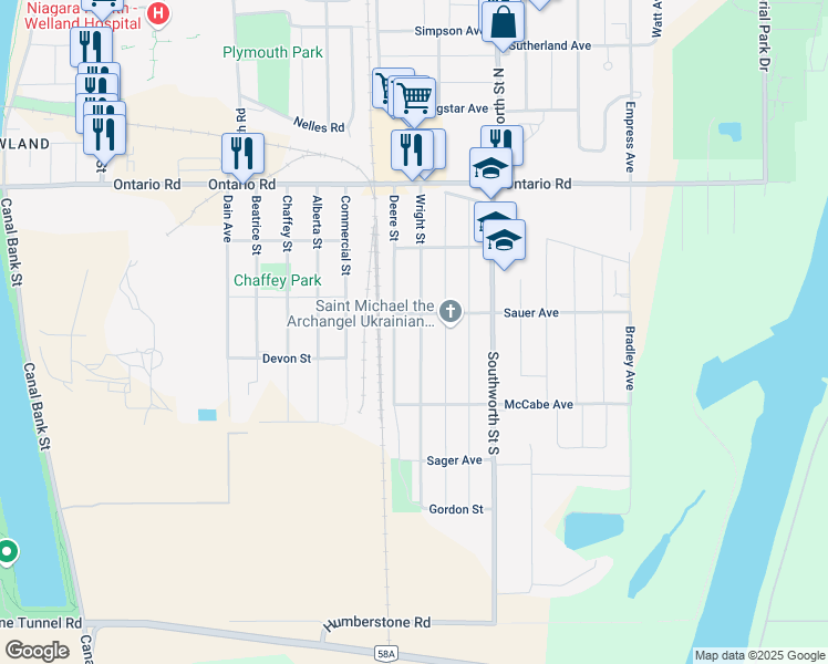 map of restaurants, bars, coffee shops, grocery stores, and more near 436 Wright Street in Welland