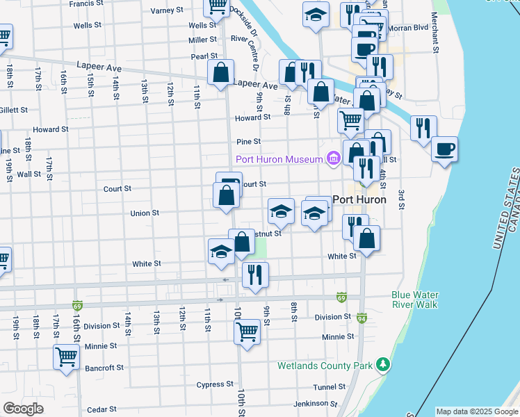 map of restaurants, bars, coffee shops, grocery stores, and more near 909 Union Street in Port Huron