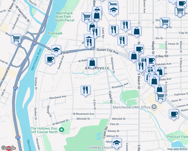 map of restaurants, bars, coffee shops, grocery stores, and more near 167 South Elm Street in Manchester