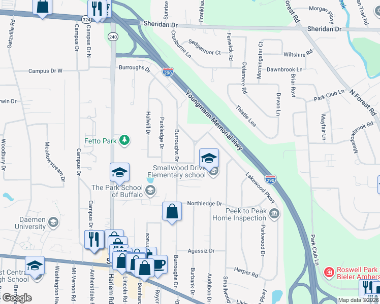 map of restaurants, bars, coffee shops, grocery stores, and more near 22 North Burbank Drive in Erie County