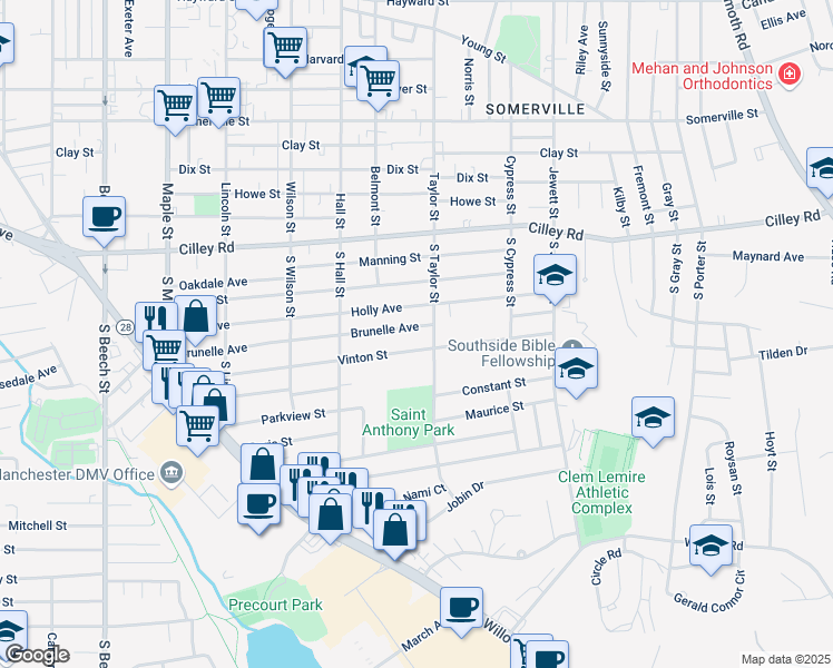 map of restaurants, bars, coffee shops, grocery stores, and more near 409 Brunelle Avenue in Manchester