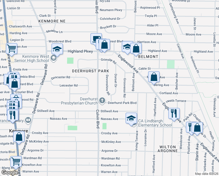 map of restaurants, bars, coffee shops, grocery stores, and more near 65 Devonshire Road in Buffalo