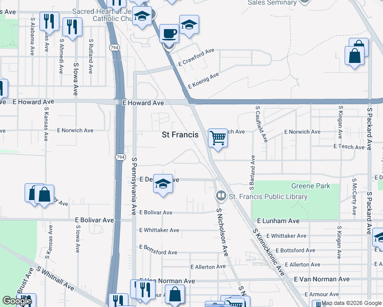 map of restaurants, bars, coffee shops, grocery stores, and more near 4045 South Kinnickinnic Avenue in Saint Francis