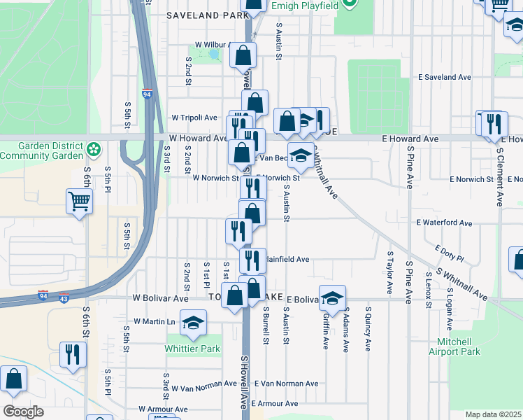 map of restaurants, bars, coffee shops, grocery stores, and more near 4067 A South Burrell Street in Milwaukee