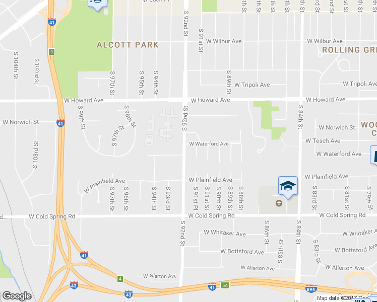 map of restaurants, bars, coffee shops, grocery stores, and more near 4024 South 92nd Street in Greenfield