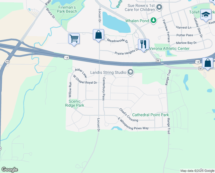 map of restaurants, bars, coffee shops, grocery stores, and more near 1101 Whittman Way in Verona