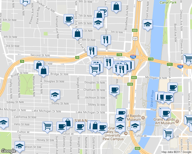 map of restaurants, bars, coffee shops, grocery stores, and more near 644 Bridge Street Northwest in Grand Rapids