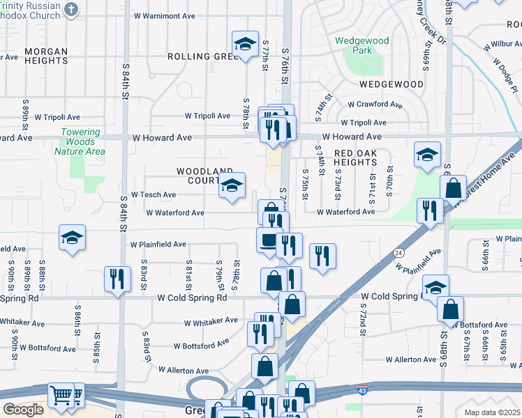 map of restaurants, bars, coffee shops, grocery stores, and more near 7638 West Waterford Avenue in Milwaukee
