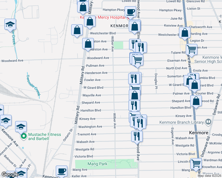 map of restaurants, bars, coffee shops, grocery stores, and more near 290 West Girard Boulevard in Buffalo