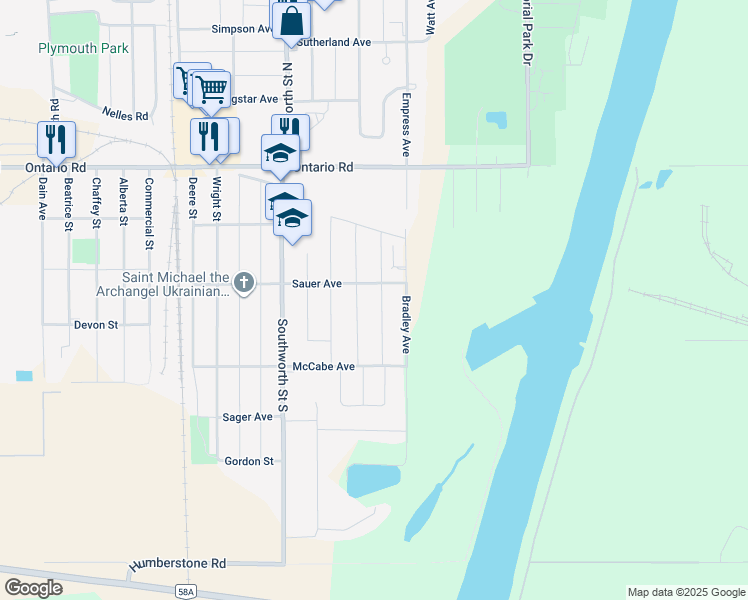 map of restaurants, bars, coffee shops, grocery stores, and more near 170 McLaughlin Street in Welland