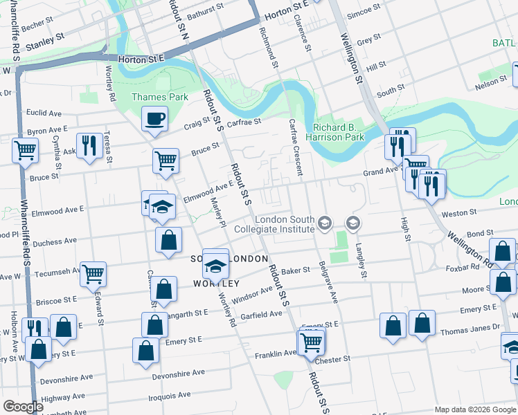 map of restaurants, bars, coffee shops, grocery stores, and more near 140 Ridout Street South in London