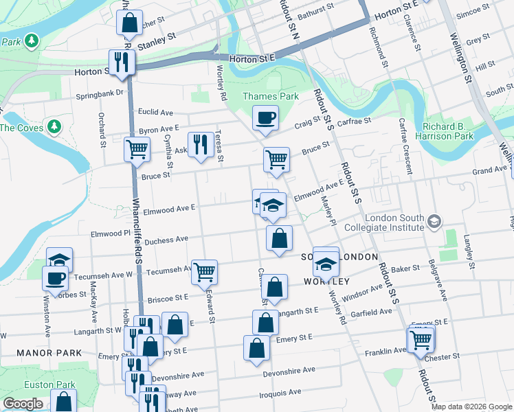 map of restaurants, bars, coffee shops, grocery stores, and more near 115 Elmwood Avenue East in London