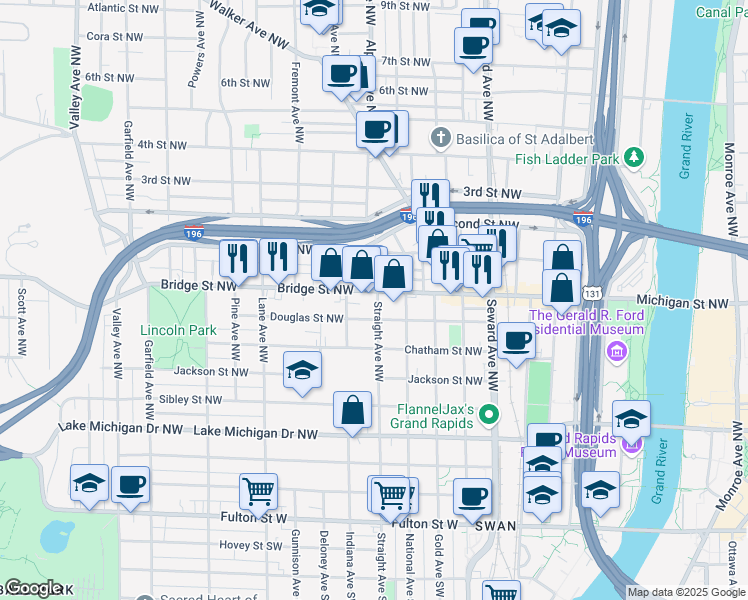 map of restaurants, bars, coffee shops, grocery stores, and more near 754 Bridge Street Northwest in Grand Rapids