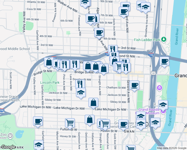 map of restaurants, bars, coffee shops, grocery stores, and more near 828 Indiana Avenue Northwest in Grand Rapids