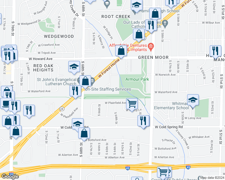 map of restaurants, bars, coffee shops, grocery stores, and more near 4085 South 65th Street in Greenfield