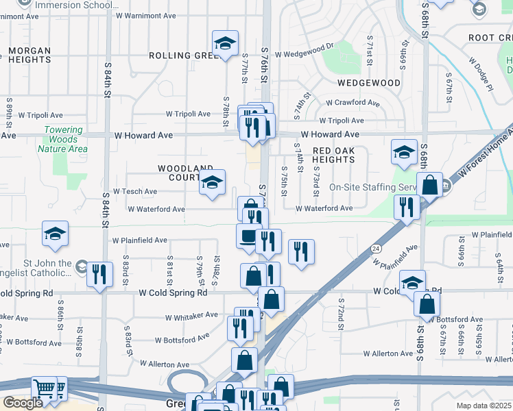 map of restaurants, bars, coffee shops, grocery stores, and more near 4053 South 76th Street in Milwaukee
