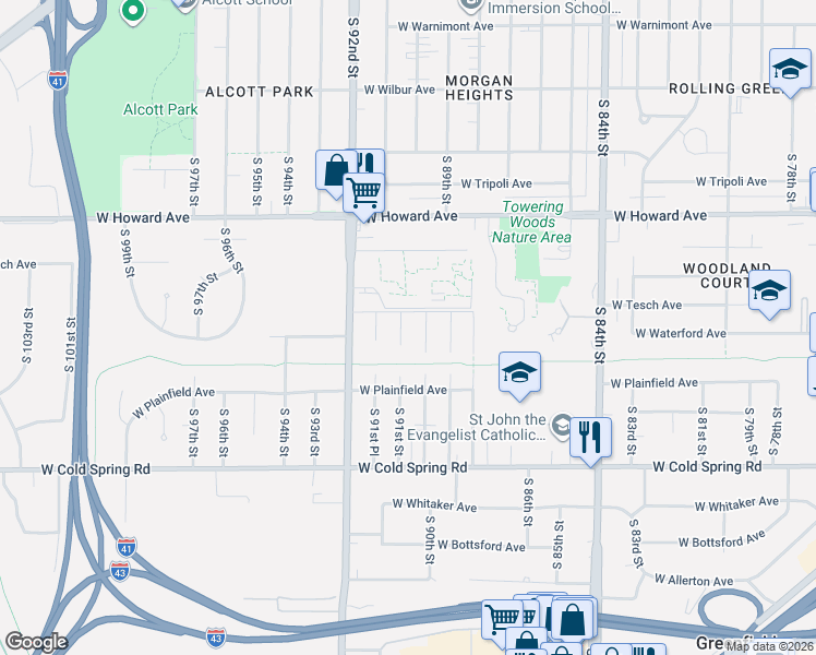map of restaurants, bars, coffee shops, grocery stores, and more near 4018 South 91st Street in Greenfield
