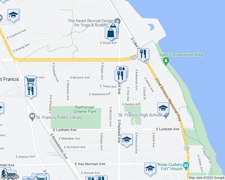 map of restaurants, bars, coffee shops, grocery stores, and more near 3559 East Waterford Avenue in Saint Francis