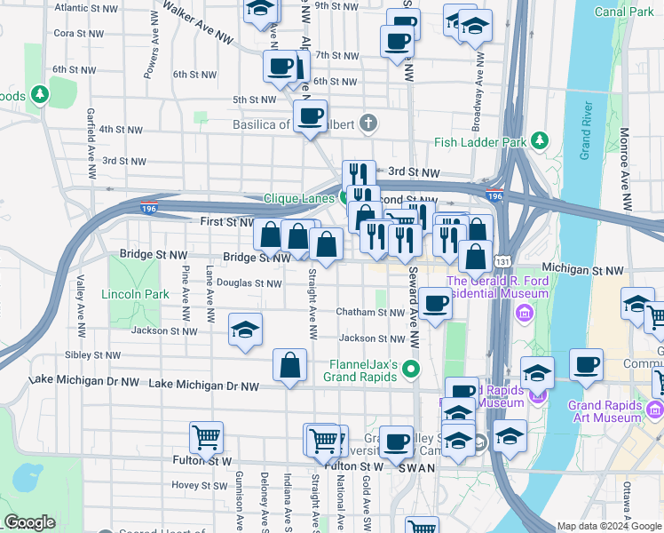 map of restaurants, bars, coffee shops, grocery stores, and more near 734 Bridge Street Northwest in Grand Rapids