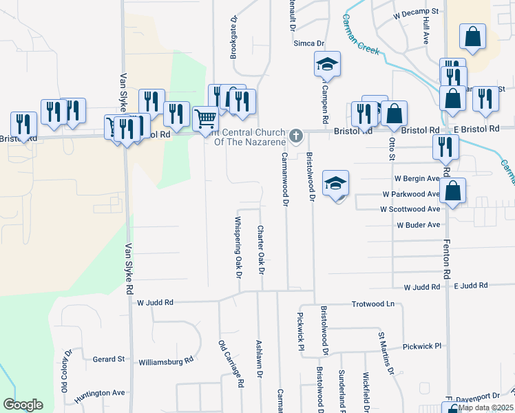 map of restaurants, bars, coffee shops, grocery stores, and more near 4099 Whispering Oak Drive in Flint