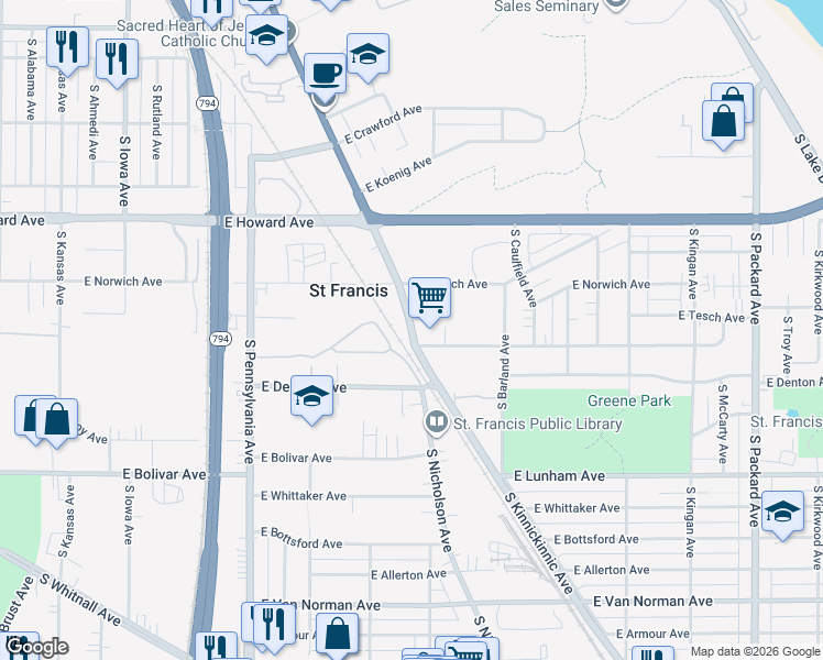 map of restaurants, bars, coffee shops, grocery stores, and more near 4045 South Kinnickinnic Avenue in Saint Francis