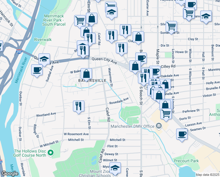 map of restaurants, bars, coffee shops, grocery stores, and more near 32 Ramsay Street in Manchester