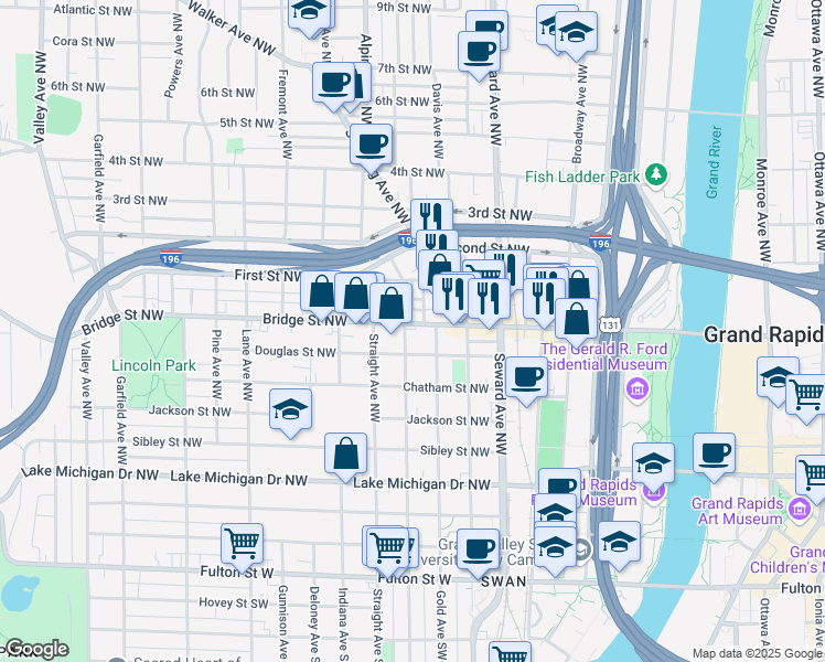 map of restaurants, bars, coffee shops, grocery stores, and more near 718 Bridge Street Northwest in Grand Rapids