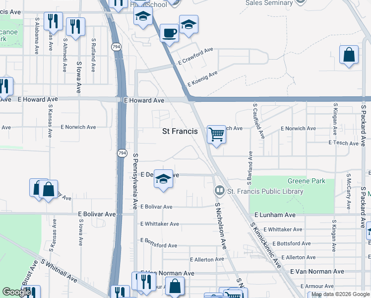 map of restaurants, bars, coffee shops, grocery stores, and more near 2668 Hidden Drive in Saint Francis