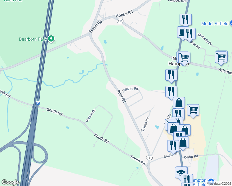 map of restaurants, bars, coffee shops, grocery stores, and more near 66 Post Road in North Hampton