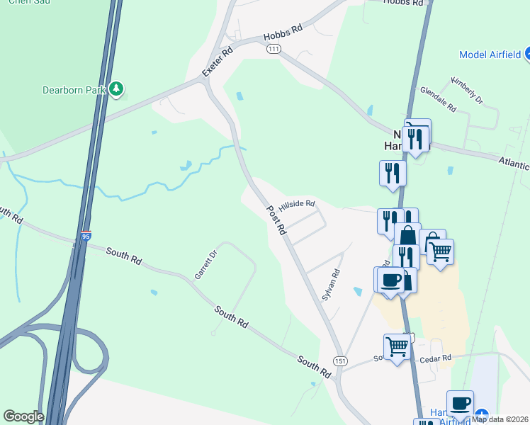 map of restaurants, bars, coffee shops, grocery stores, and more near 66 Post Road in North Hampton