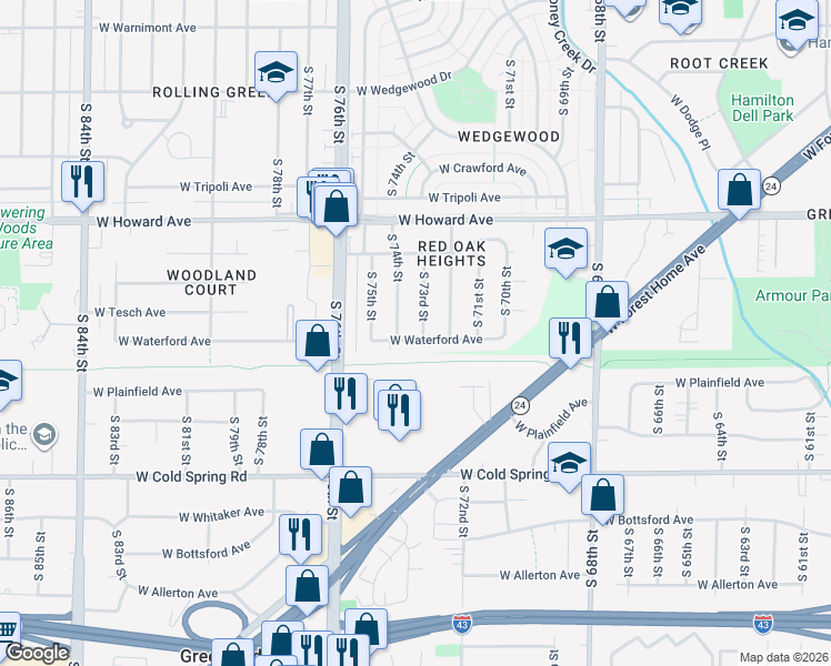 map of restaurants, bars, coffee shops, grocery stores, and more near 4059 South 73rd Street in Milwaukee