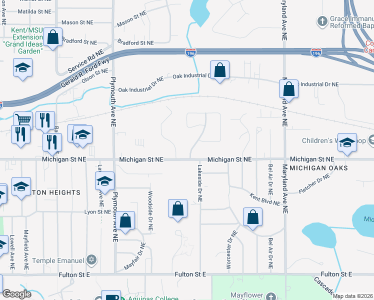 map of restaurants, bars, coffee shops, grocery stores, and more near 421 Lakeside Drive Northeast in Grand Rapids