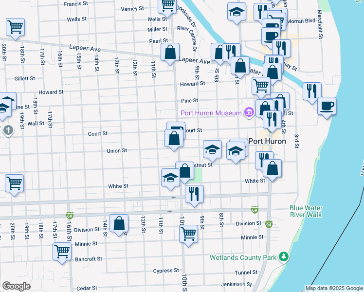 map of restaurants, bars, coffee shops, grocery stores, and more near 1300 10th Street in Port Huron