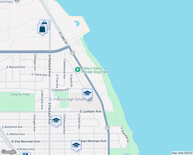 map of restaurants, bars, coffee shops, grocery stores, and more near 4100 South Lake Drive in Saint Francis