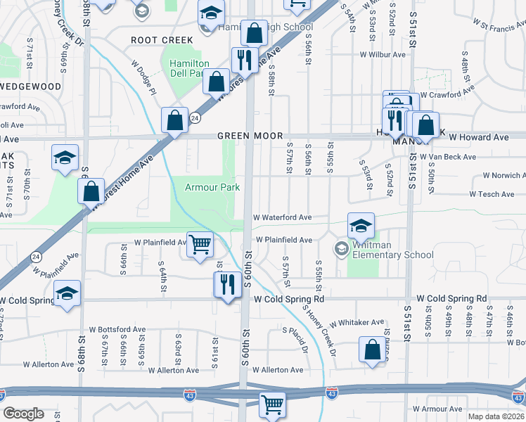 map of restaurants, bars, coffee shops, grocery stores, and more near 4071 South 58th Street in Greenfield