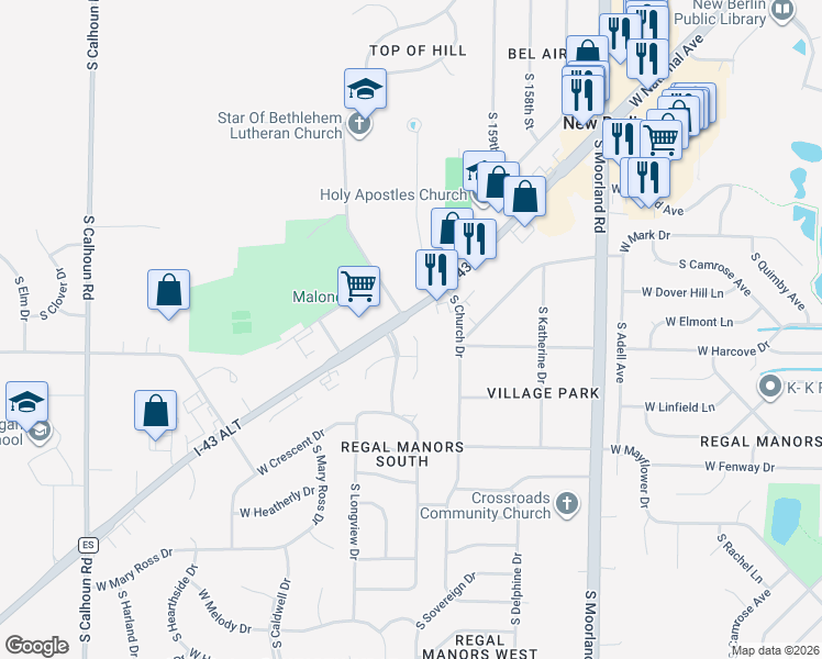 map of restaurants, bars, coffee shops, grocery stores, and more near 4134 South Regal Manor Court in New Berlin