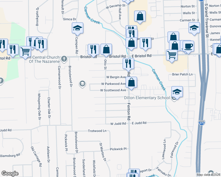 map of restaurants, bars, coffee shops, grocery stores, and more near 1070 West Scottwood Avenue in Flint
