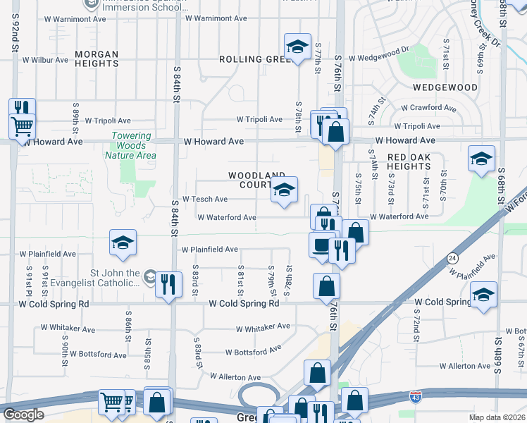map of restaurants, bars, coffee shops, grocery stores, and more near 7930 West Waterford Avenue in Milwaukee