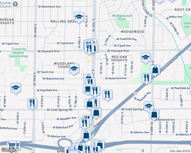 map of restaurants, bars, coffee shops, grocery stores, and more near 4053 South 76th Street in Milwaukee