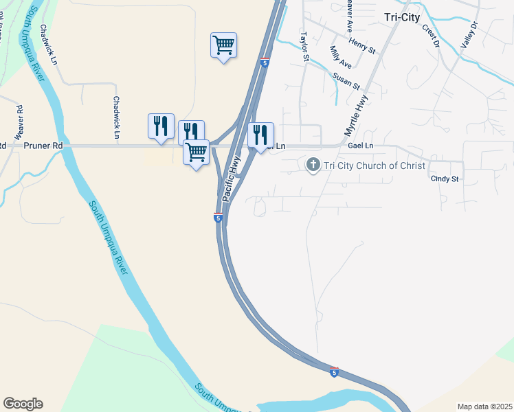 map of restaurants, bars, coffee shops, grocery stores, and more near 580 Matthews Drive in Myrtle Creek