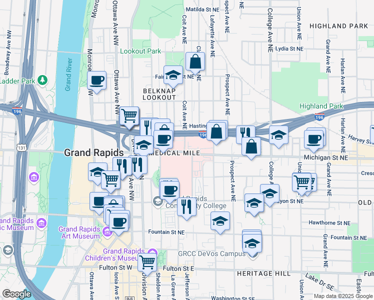 map of restaurants, bars, coffee shops, grocery stores, and more near 201 Michigan Street Northeast in Grand Rapids