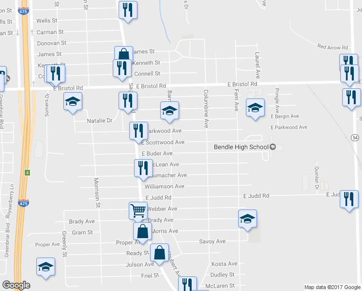 map of restaurants, bars, coffee shops, grocery stores, and more near 2112 East Scottwood Avenue in Burton