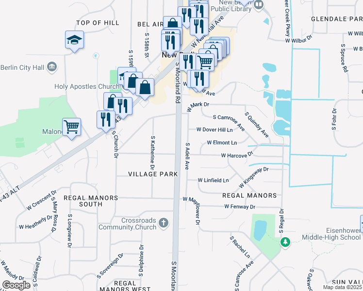 map of restaurants, bars, coffee shops, grocery stores, and more near 4040 South Moorland Road in New Berlin